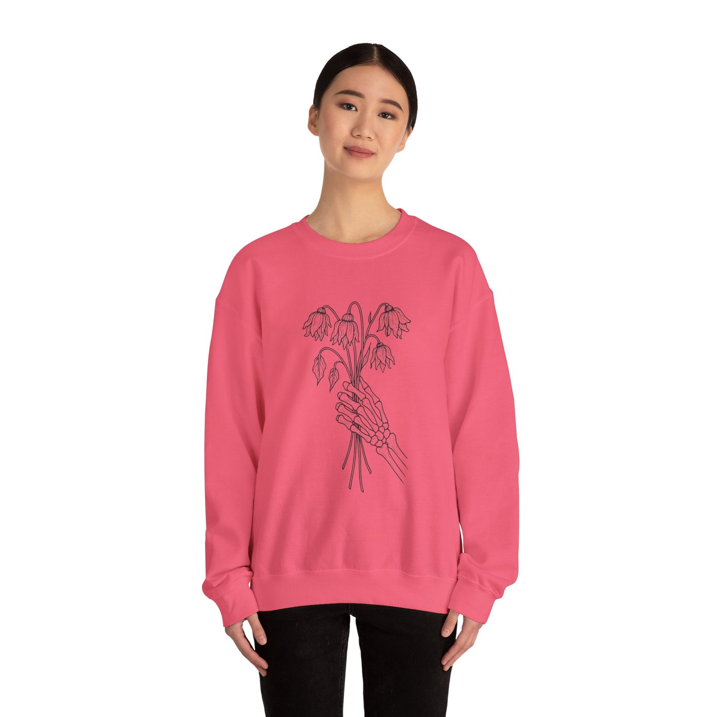 Cozy Unisex Crewneck | Skeleton Hand, Flower Bouquet - Gift for Plant Lovers, Grunge Sweatshirt, Fall Fashion, Casual Outfit