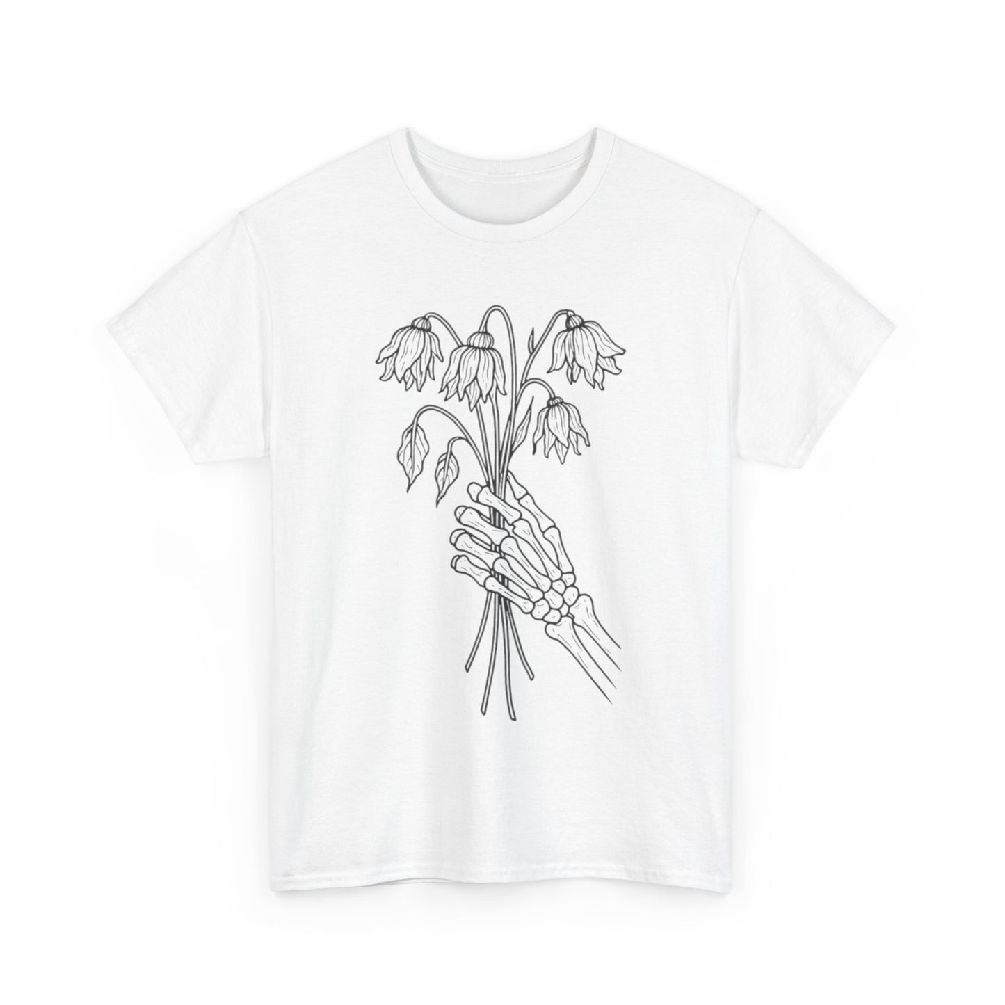 Unisex Heavy Cotton Tee | Skeleton Hand, Flower Bouquet - Casual Summer Top, Gift, Streetwear Fashion, Unique Graphic Shirt