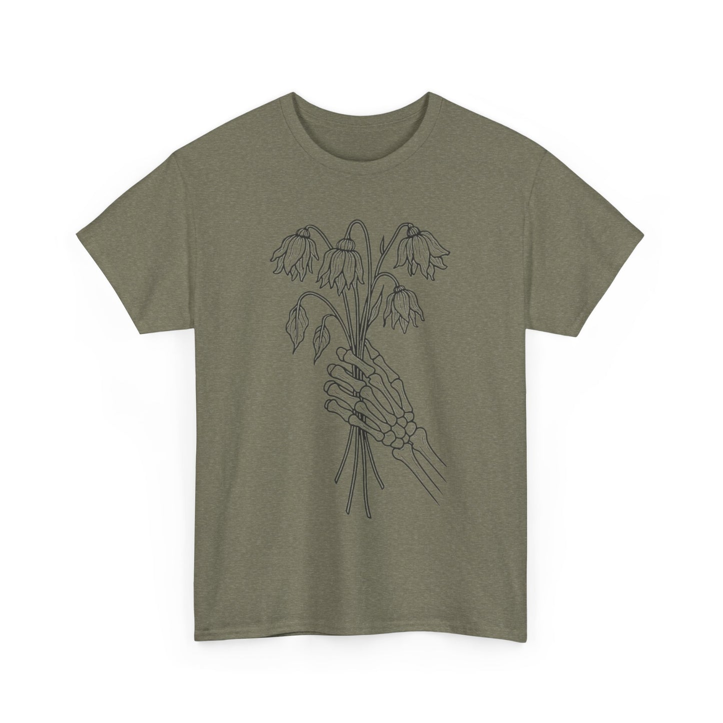 Unisex Heavy Cotton Tee | Skeleton Hand, Flower Bouquet - Casual Summer Top, Gift, Streetwear Fashion, Unique Graphic Shirt