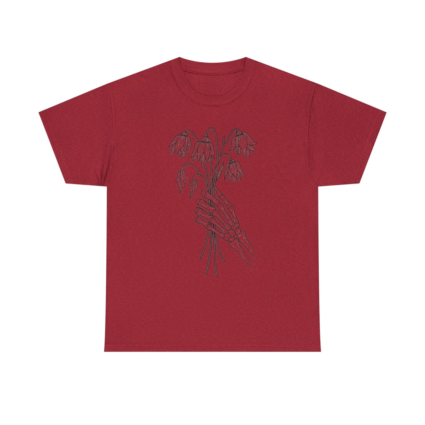 Unisex Heavy Cotton Tee | Skeleton Hand, Flower Bouquet - Casual Summer Top, Gift, Streetwear Fashion, Unique Graphic Shirt