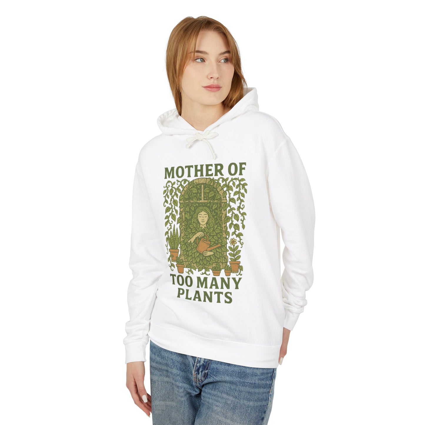 Hooded Sweatshirt | Mother of Too Many Plants - Plant Lover Gift, Gardener Apparel, Cozy Lightweight Hoodie, Eco-Friendly Sweatshirt