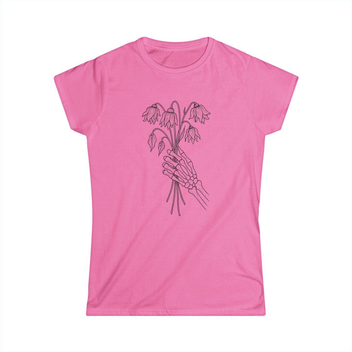 Women's Softstyle Tee | Skeleton Hand, Flower Bouquet - Casual Summer Top, Gift for Her, Streetwear Fashion, Unique Graphic Shirt