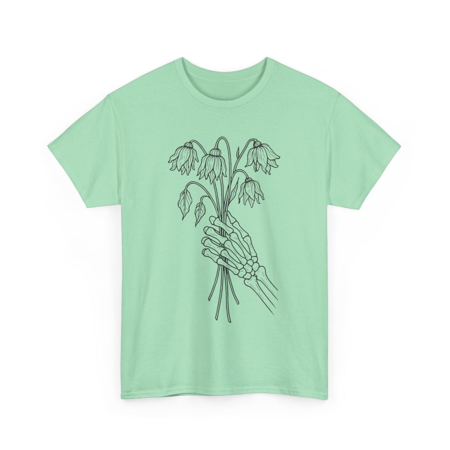 Unisex Heavy Cotton Tee | Skeleton Hand, Flower Bouquet - Casual Summer Top, Gift, Streetwear Fashion, Unique Graphic Shirt