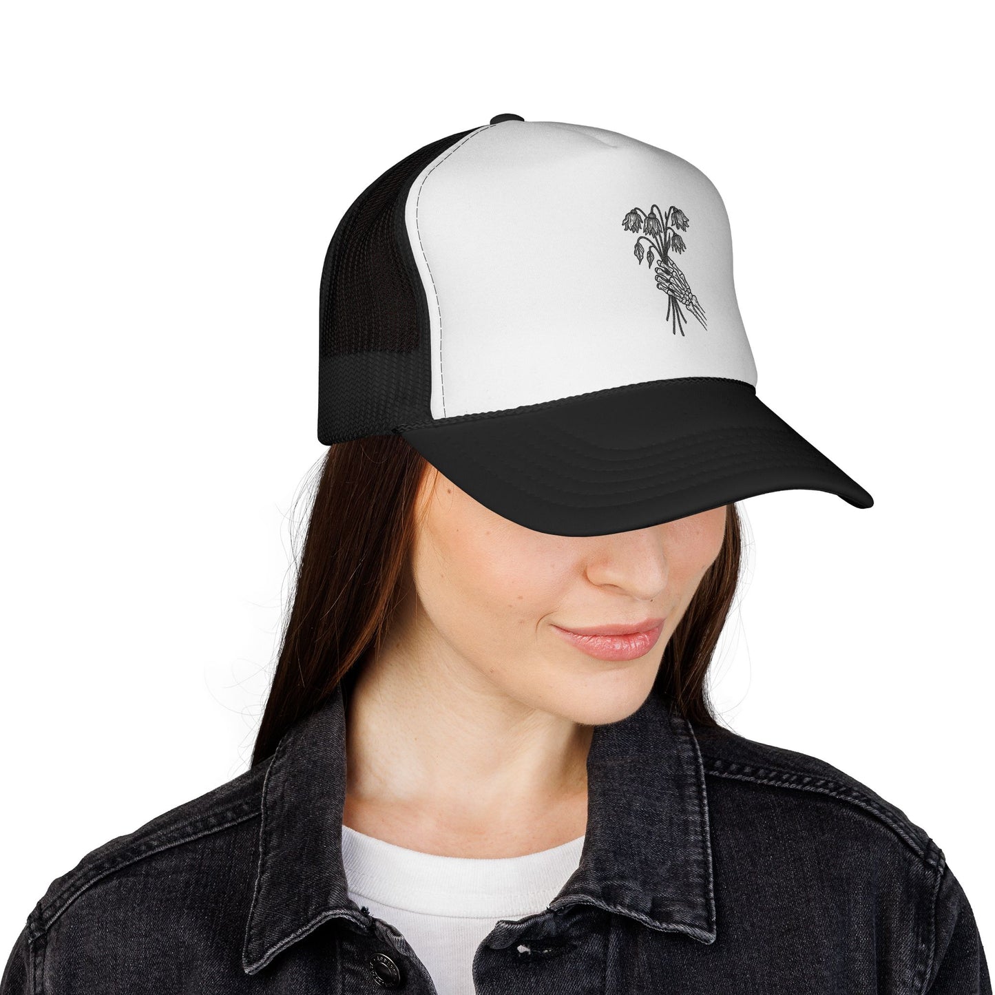 Vintage-Inspired Trucker Cap | Skeleton Hand, Flower Bouquet - Perfect for Outdoor Adventures, Festivals, Country Music Events