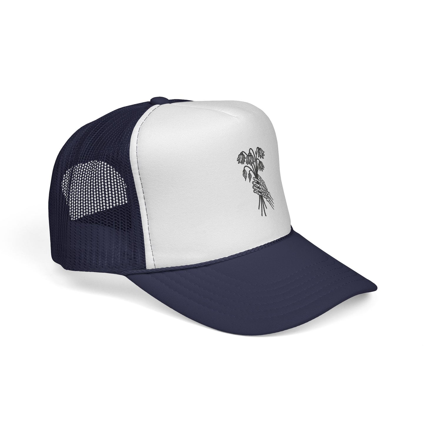 Vintage-Inspired Trucker Cap | Skeleton Hand, Flower Bouquet - Perfect for Outdoor Adventures, Festivals, Country Music Events
