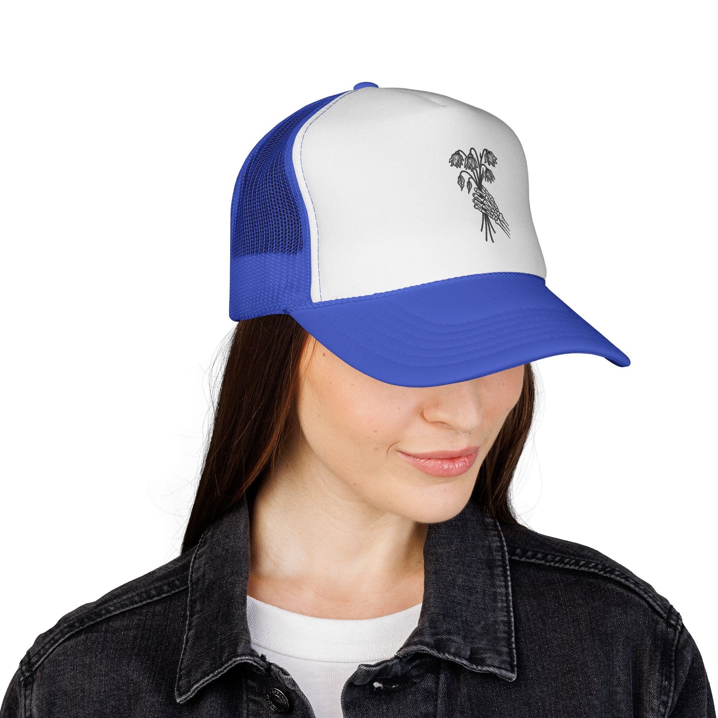 Vintage-Inspired Trucker Cap | Skeleton Hand, Flower Bouquet - Perfect for Outdoor Adventures, Festivals, Country Music Events