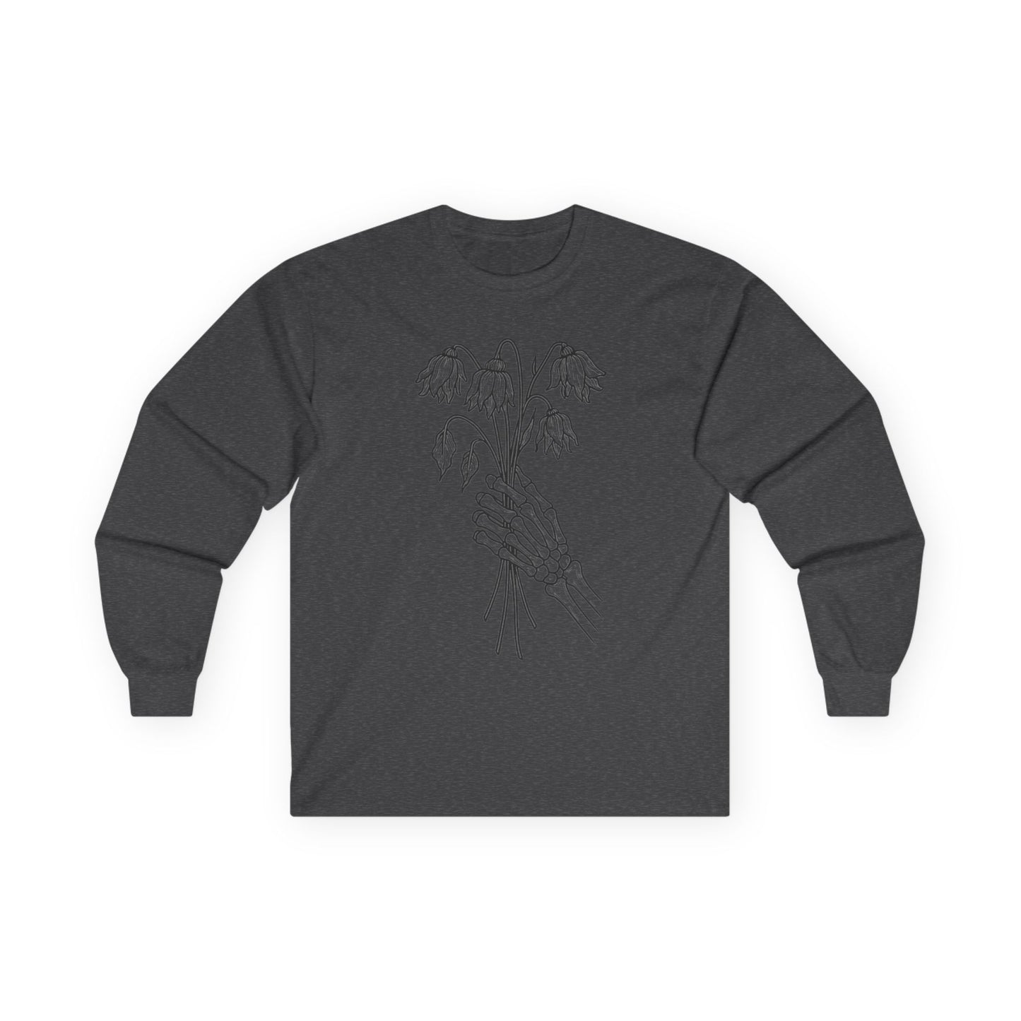 Unisex Ultra Cotton Long Sleeve Tee | Skeleton Hand, Flower Bouquet - Casual Summer Top, Gift, Streetwear Fashion, Unique Graphic Shirt