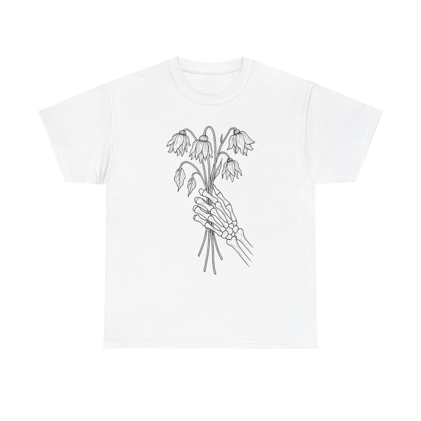 Unisex Heavy Cotton Tee | Skeleton Hand, Flower Bouquet - Casual Summer Top, Gift, Streetwear Fashion, Unique Graphic Shirt