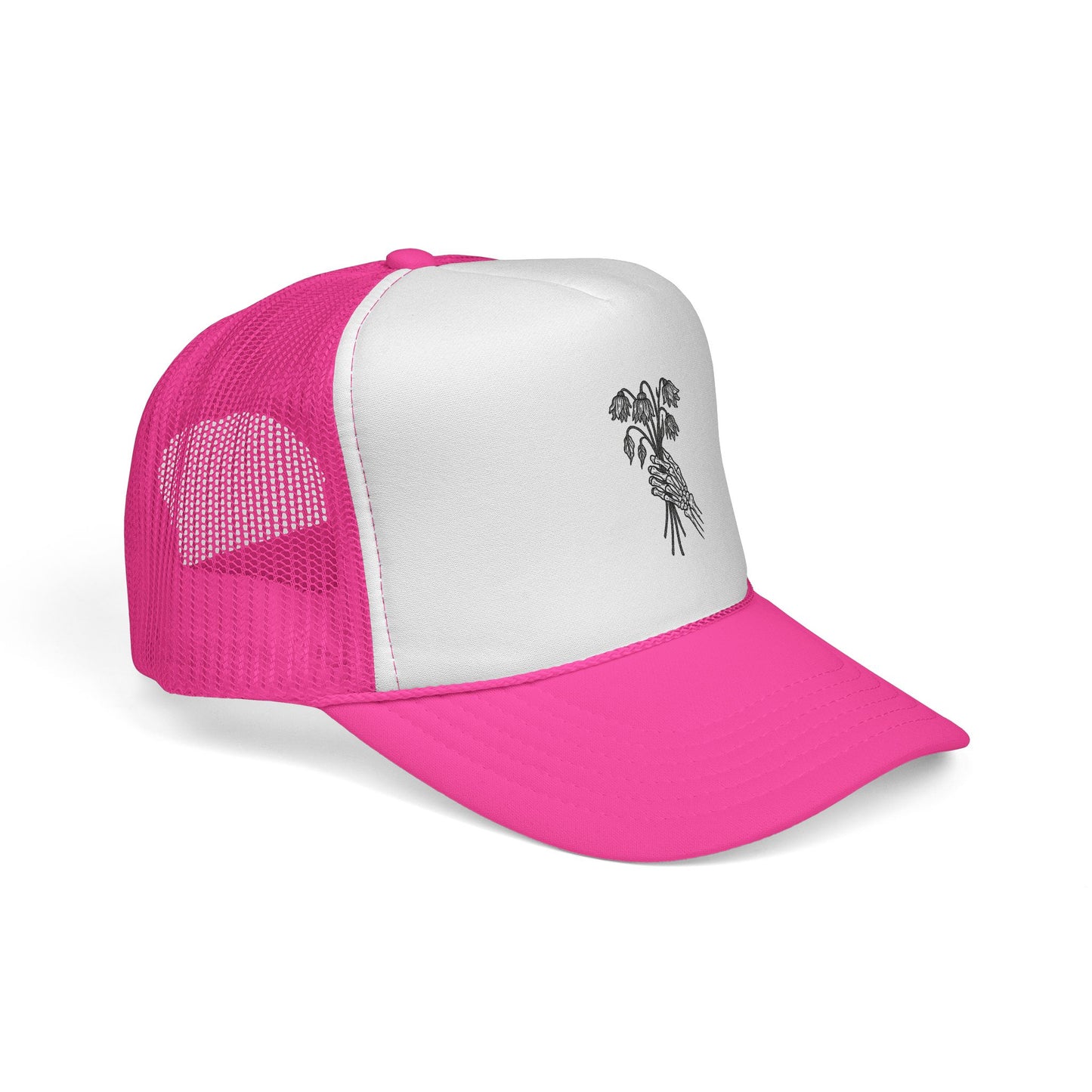 Vintage-Inspired Trucker Cap | Skeleton Hand, Flower Bouquet - Perfect for Outdoor Adventures, Festivals, Country Music Events