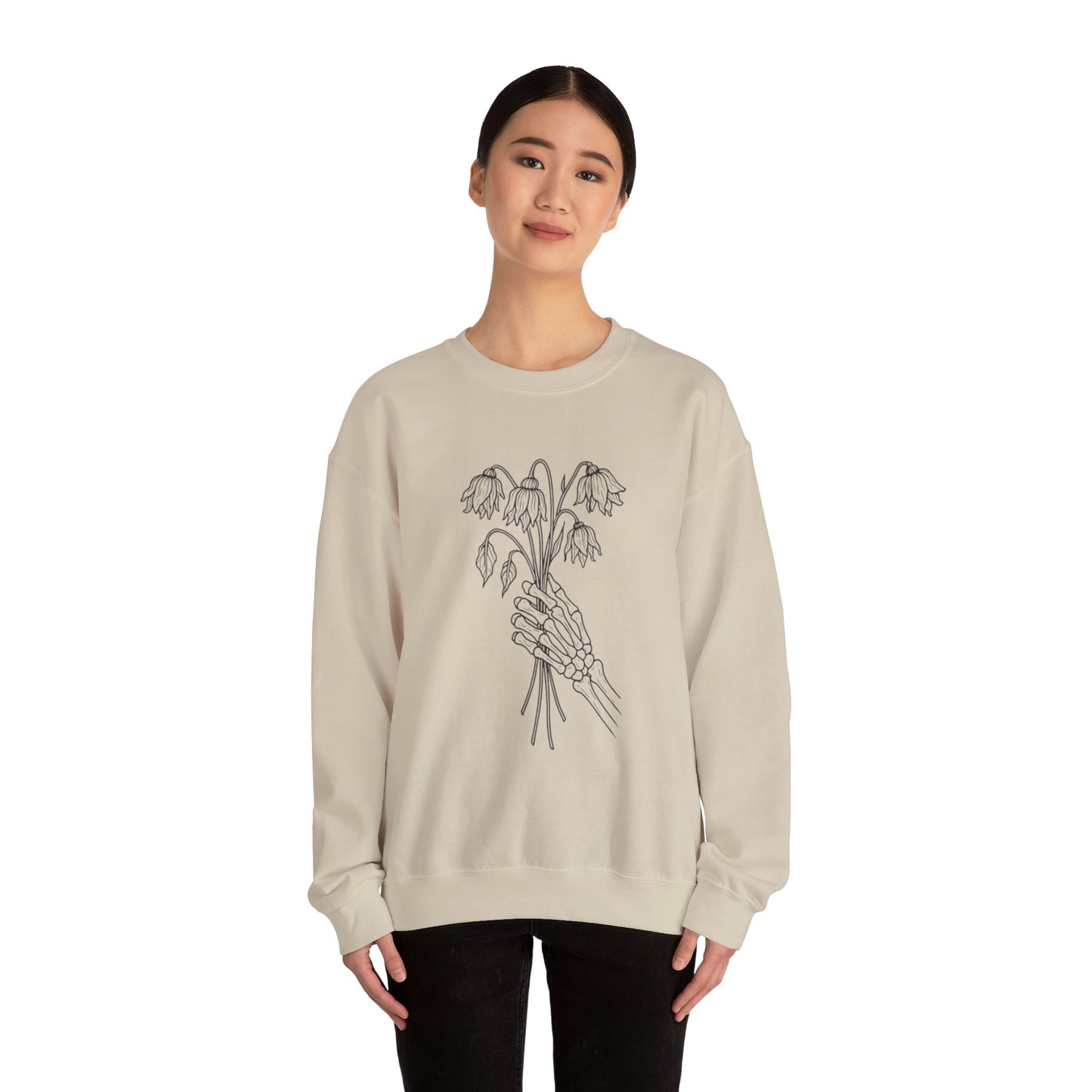 Cozy Unisex Crewneck | Skeleton Hand, Flower Bouquet - Gift for Plant Lovers, Grunge Sweatshirt, Fall Fashion, Casual Outfit