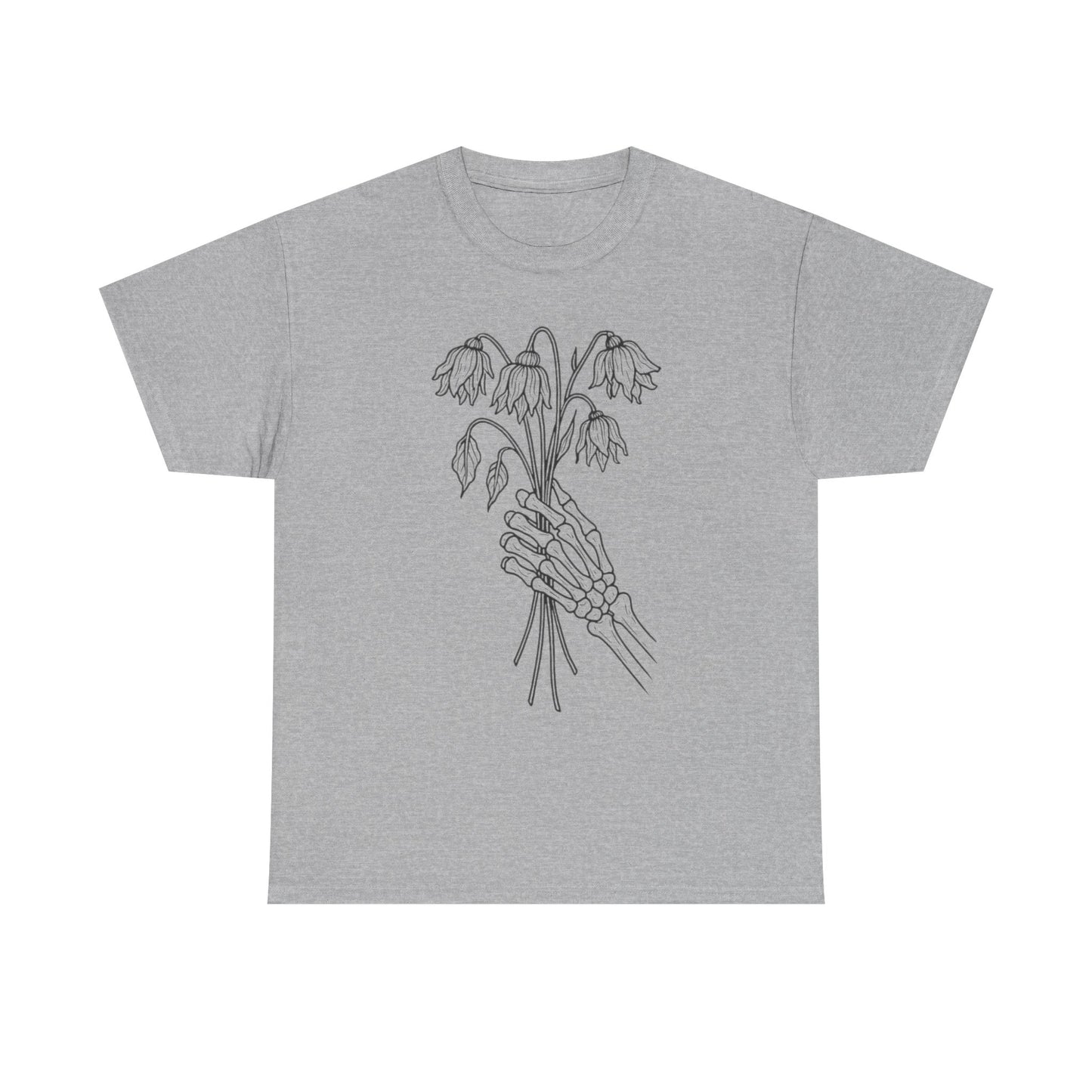 Unisex Heavy Cotton Tee | Skeleton Hand, Flower Bouquet - Casual Summer Top, Gift, Streetwear Fashion, Unique Graphic Shirt