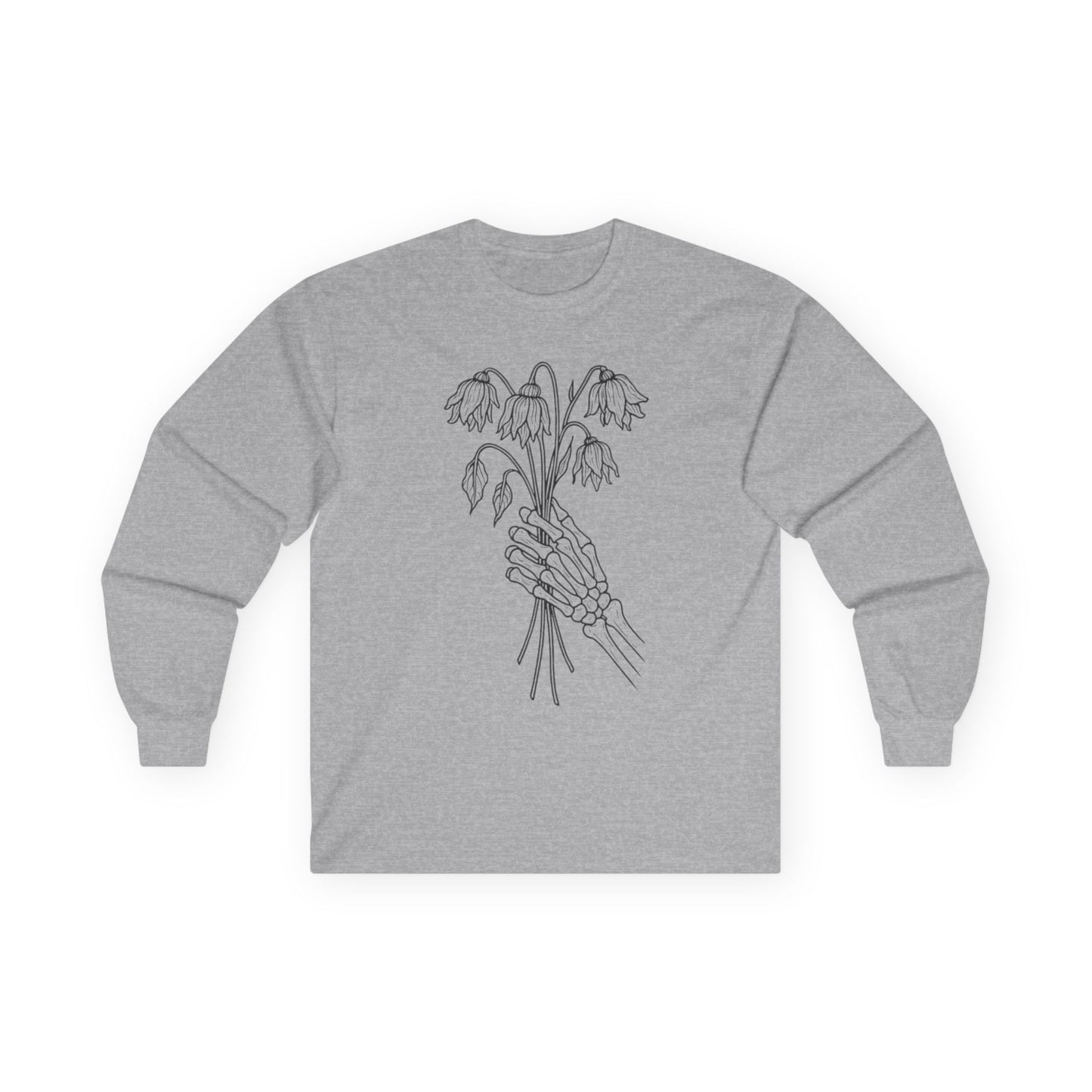 Unisex Ultra Cotton Long Sleeve Tee | Skeleton Hand, Flower Bouquet - Casual Summer Top, Gift, Streetwear Fashion, Unique Graphic Shirt