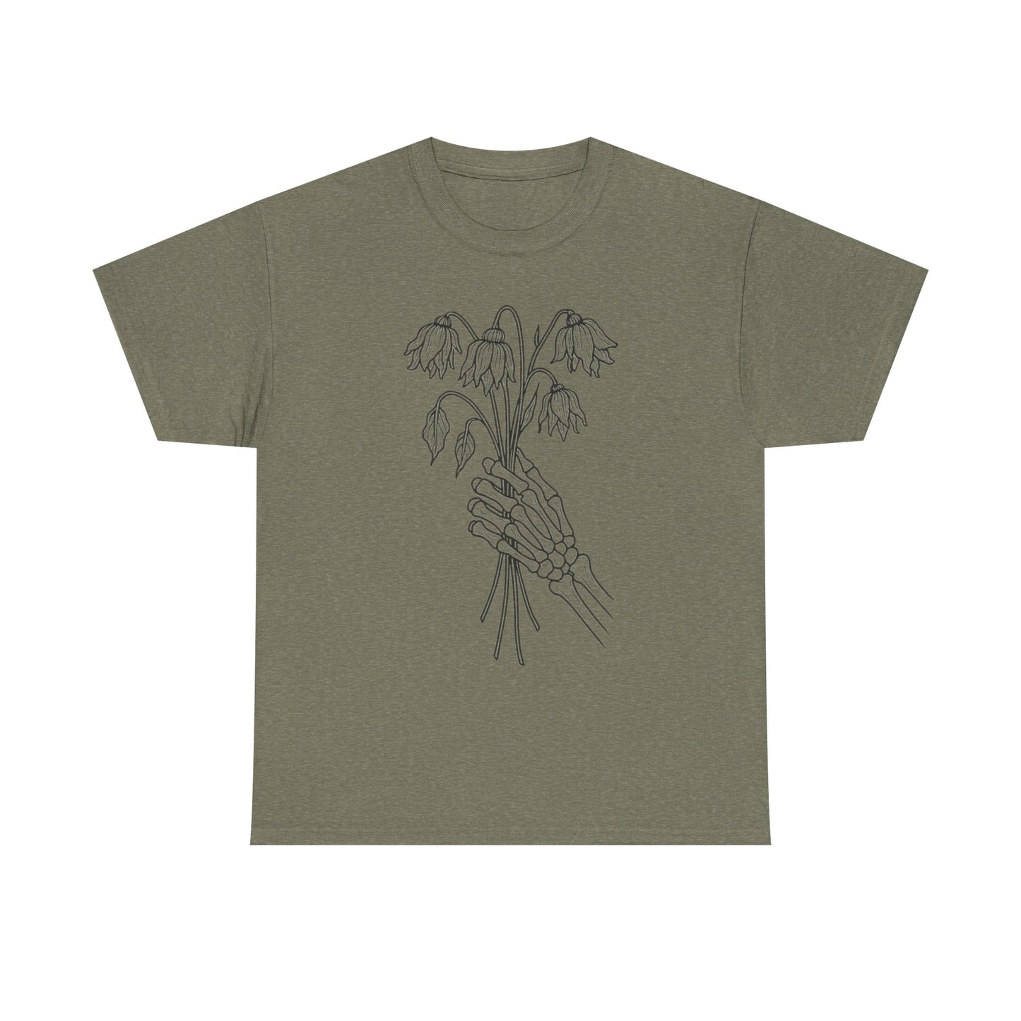 Unisex Heavy Cotton Tee | Skeleton Hand, Flower Bouquet - Casual Summer Top, Gift, Streetwear Fashion, Unique Graphic Shirt