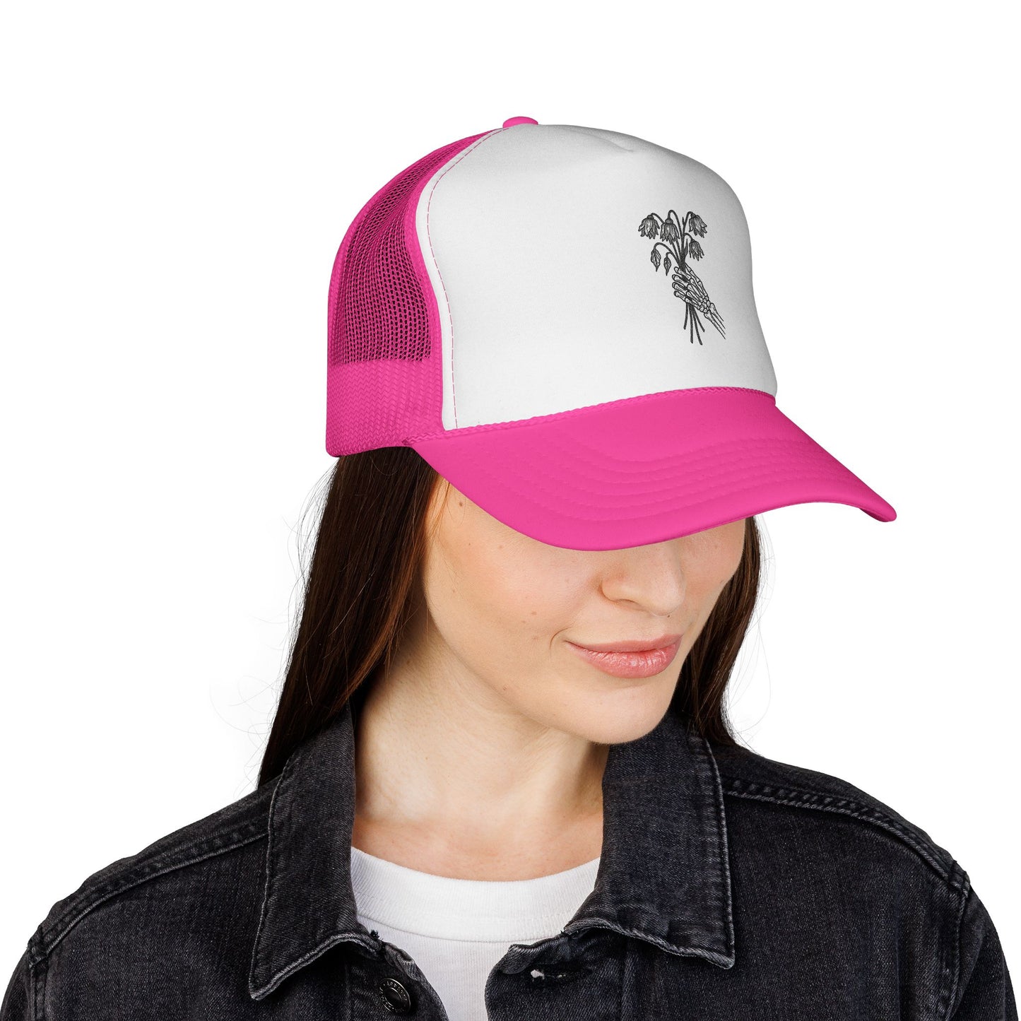 Vintage-Inspired Trucker Cap | Skeleton Hand, Flower Bouquet - Perfect for Outdoor Adventures, Festivals, Country Music Events