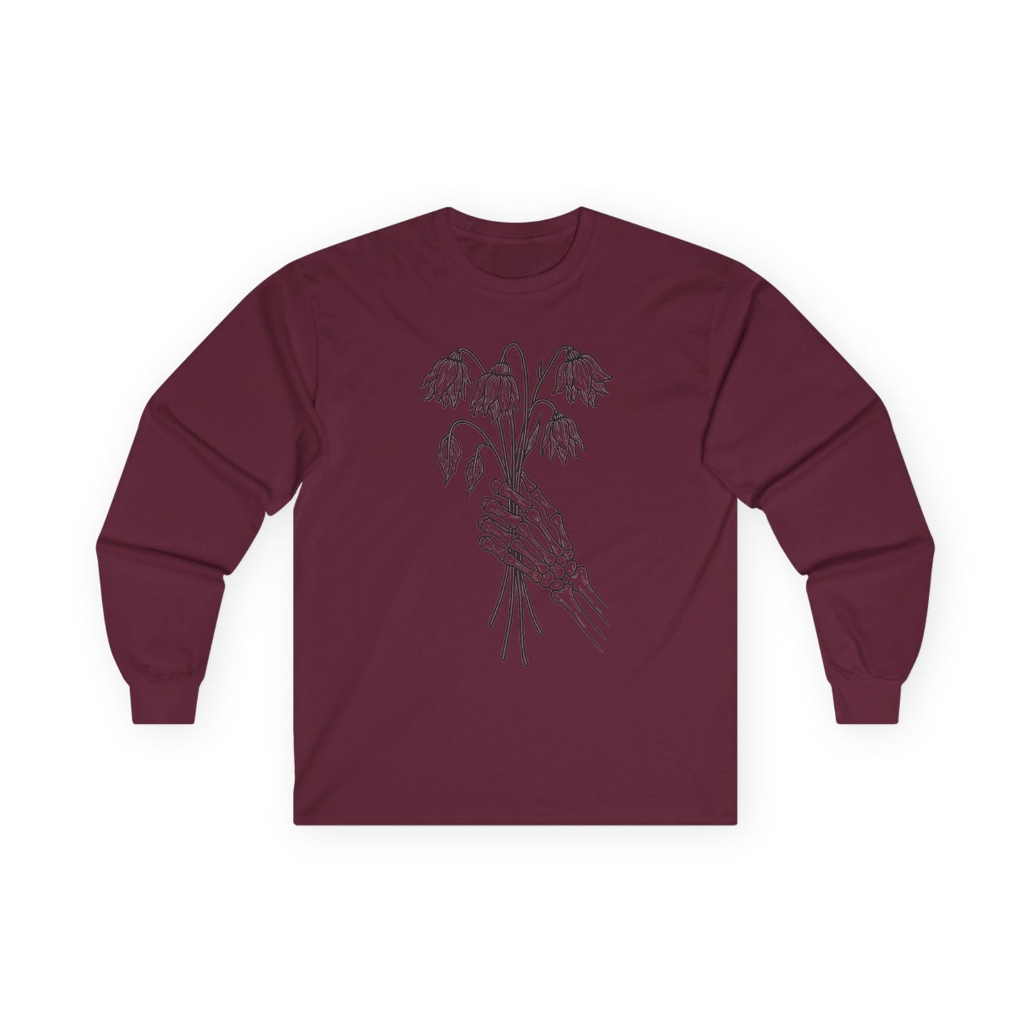 Unisex Ultra Cotton Long Sleeve Tee | Skeleton Hand, Flower Bouquet - Casual Summer Top, Gift, Streetwear Fashion, Unique Graphic Shirt