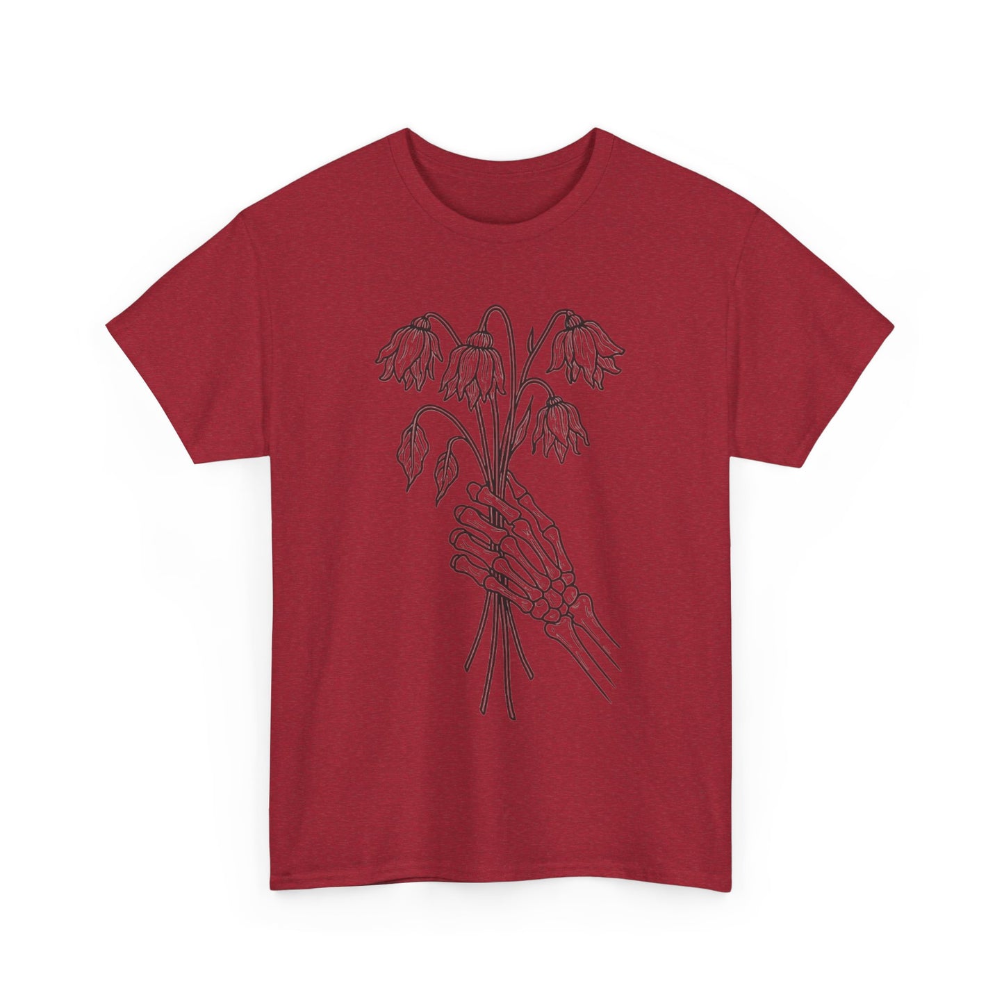 Unisex Heavy Cotton Tee | Skeleton Hand, Flower Bouquet - Casual Summer Top, Gift, Streetwear Fashion, Unique Graphic Shirt
