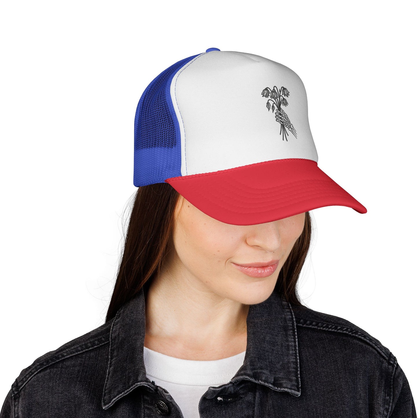 Vintage-Inspired Trucker Cap | Skeleton Hand, Flower Bouquet - Perfect for Outdoor Adventures, Festivals, Country Music Events