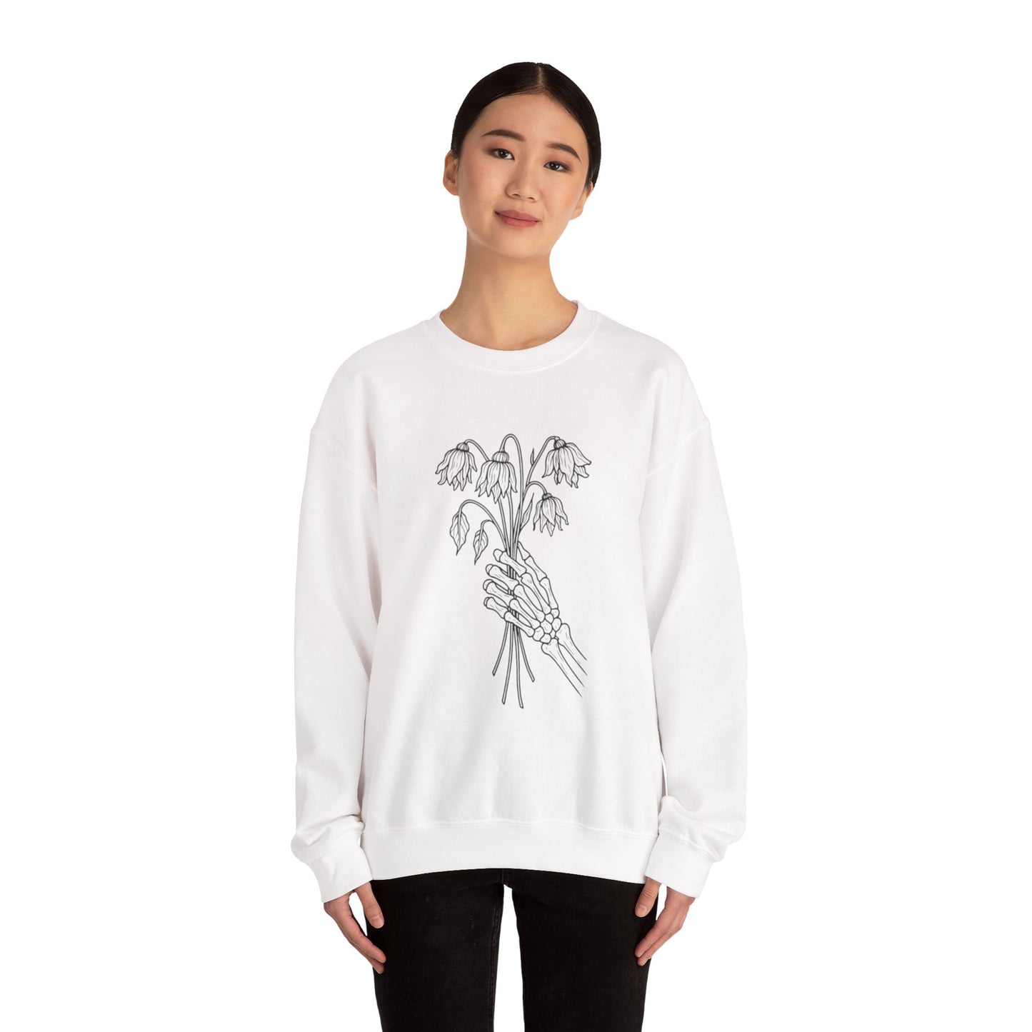 Cozy Unisex Crewneck | Skeleton Hand, Flower Bouquet - Gift for Plant Lovers, Grunge Sweatshirt, Fall Fashion, Casual Outfit