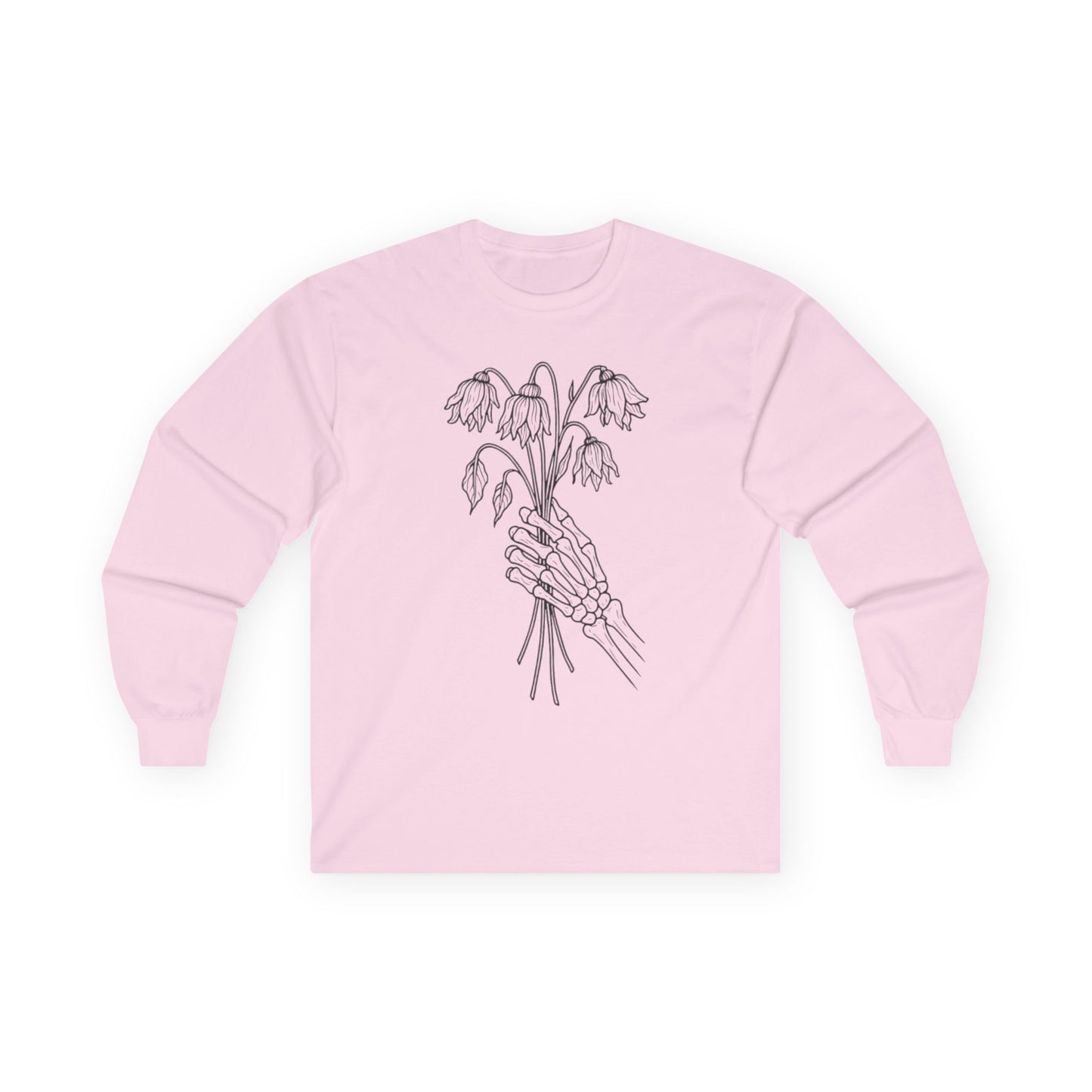 Unisex Ultra Cotton Long Sleeve Tee | Skeleton Hand, Flower Bouquet - Casual Summer Top, Gift, Streetwear Fashion, Unique Graphic Shirt