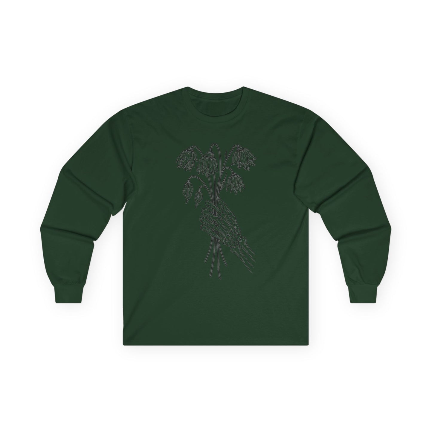 Unisex Ultra Cotton Long Sleeve Tee | Skeleton Hand, Flower Bouquet - Casual Summer Top, Gift, Streetwear Fashion, Unique Graphic Shirt