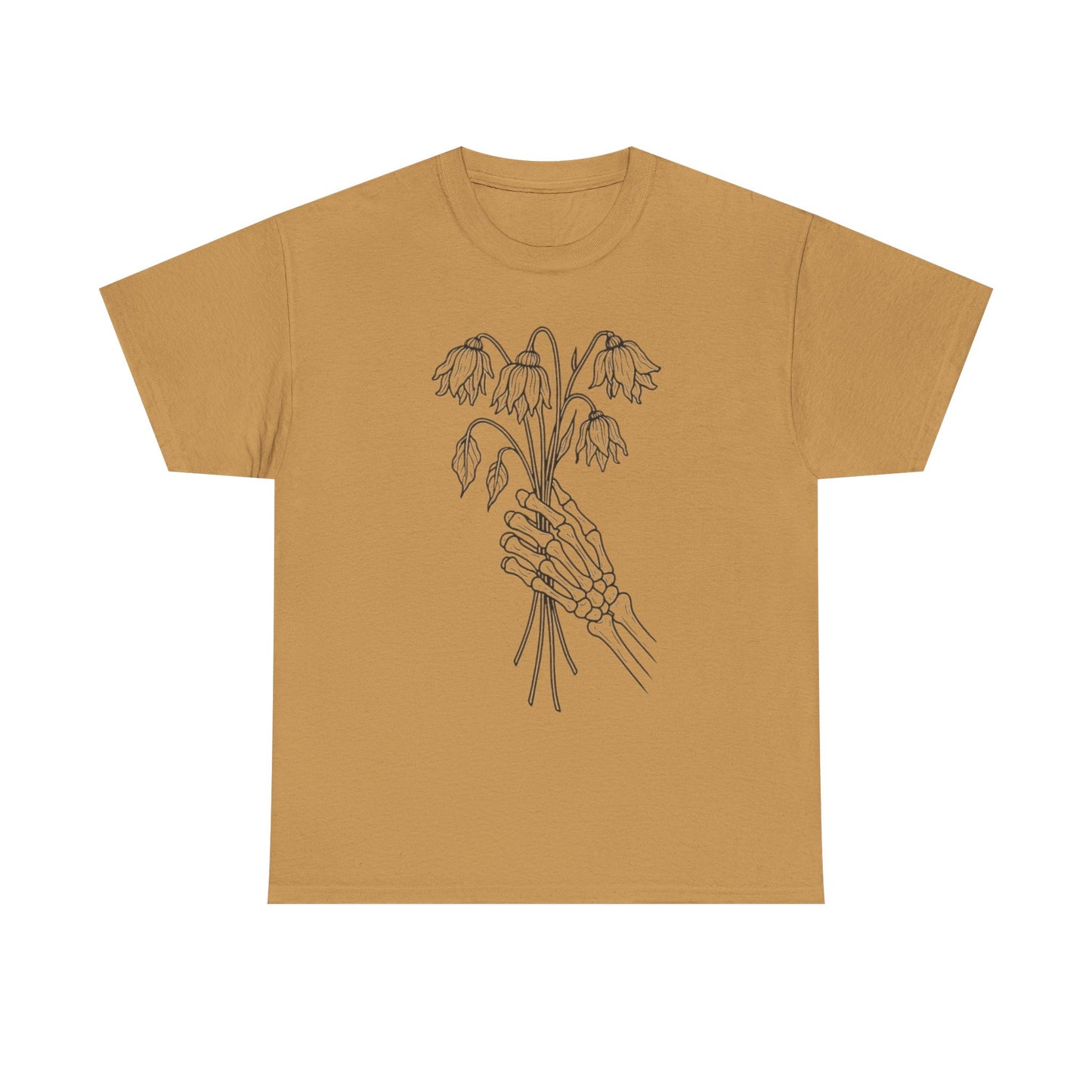 Unisex Heavy Cotton Tee | Skeleton Hand, Flower Bouquet - Casual Summer Top, Gift, Streetwear Fashion, Unique Graphic Shirt