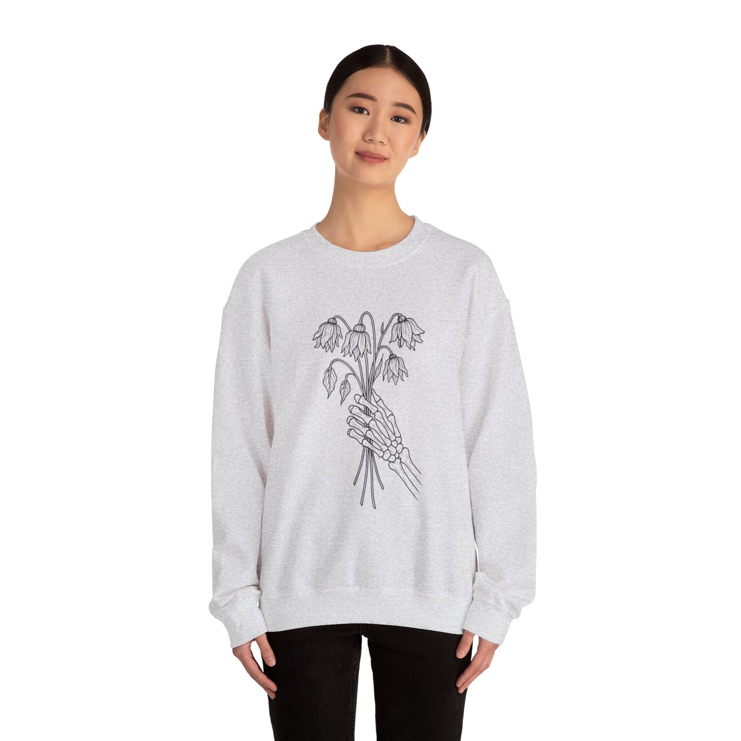 Cozy Unisex Crewneck | Skeleton Hand, Flower Bouquet - Gift for Plant Lovers, Grunge Sweatshirt, Fall Fashion, Casual Outfit