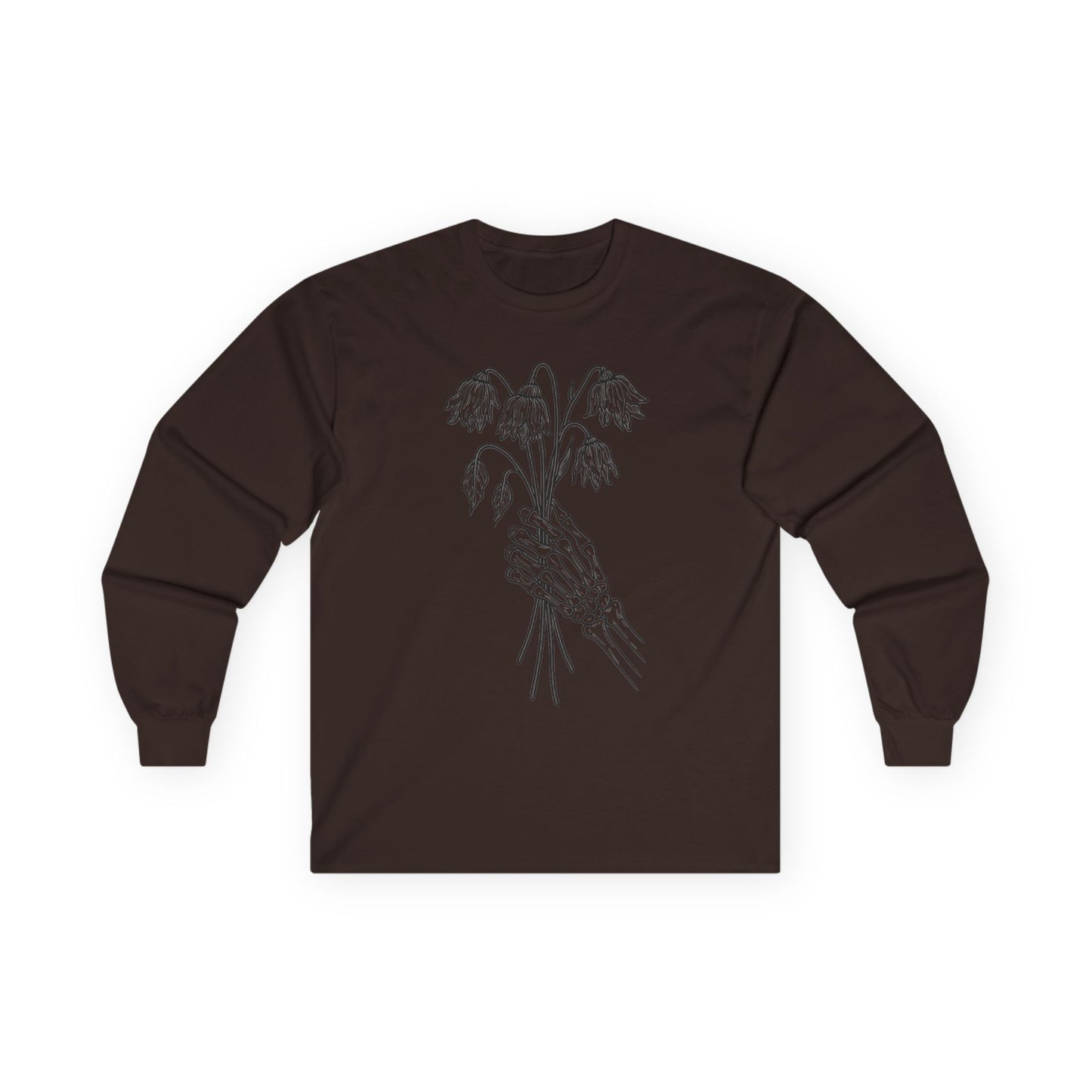 Unisex Ultra Cotton Long Sleeve Tee | Skeleton Hand, Flower Bouquet - Casual Summer Top, Gift, Streetwear Fashion, Unique Graphic Shirt