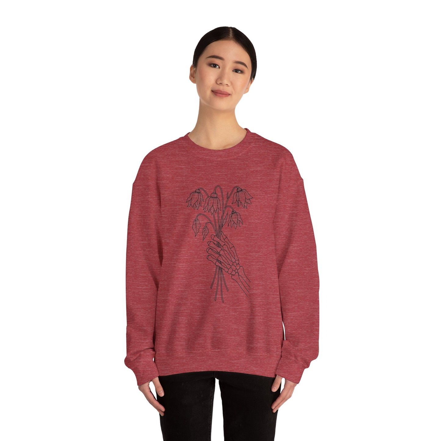 Cozy Unisex Crewneck | Skeleton Hand, Flower Bouquet - Gift for Plant Lovers, Grunge Sweatshirt, Fall Fashion, Casual Outfit