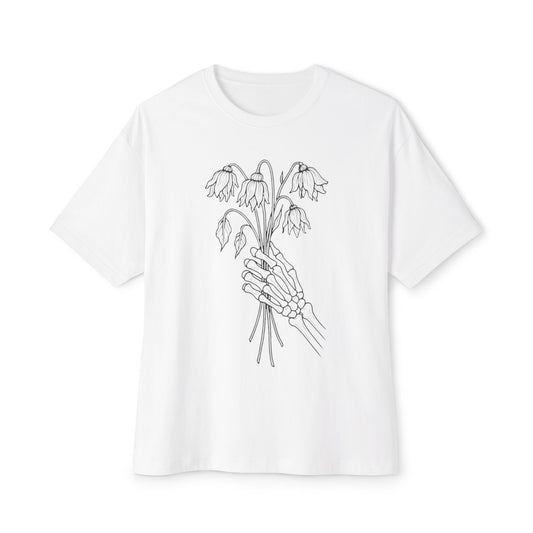 Oversized Graphic Tee | Skeleton Hand, Flower Bouquet - Casual Top, Gift for Her, Streetwear Fashion, Unique Graphic Shirt, Vintage Style