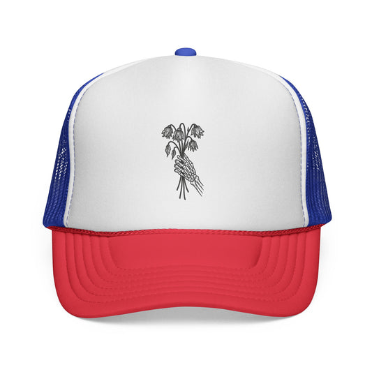 Vintage-Inspired Trucker Cap | Skeleton Hand, Flower Bouquet - Perfect for Outdoor Adventures, Festivals, Country Music Events