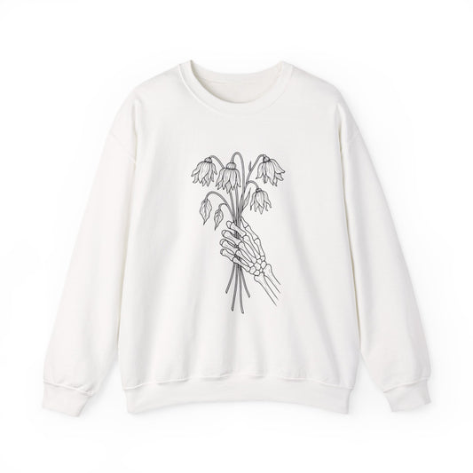 Cozy Unisex Crewneck | Skeleton Hand, Flower Bouquet - Gift for Plant Lovers, Grunge Sweatshirt, Fall Fashion, Casual Outfit