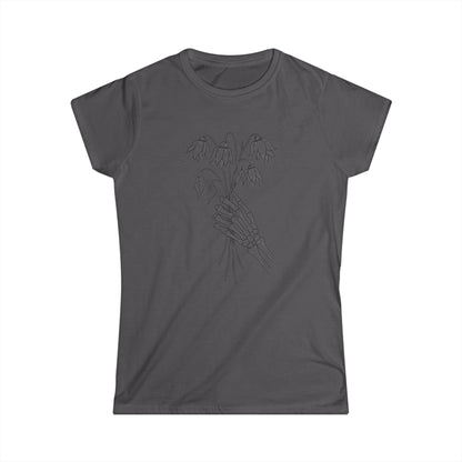 Women's Softstyle Tee | Skeleton Hand, Flower Bouquet - Casual Summer Top, Gift for Her, Streetwear Fashion, Unique Graphic Shirt