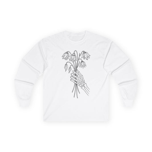 Unisex Ultra Cotton Long Sleeve Tee | Skeleton Hand, Flower Bouquet - Casual Summer Top, Gift, Streetwear Fashion, Unique Graphic Shirt
