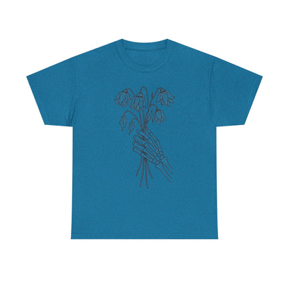 Unisex Heavy Cotton Tee | Skeleton Hand, Flower Bouquet - Casual Summer Top, Gift, Streetwear Fashion, Unique Graphic Shirt