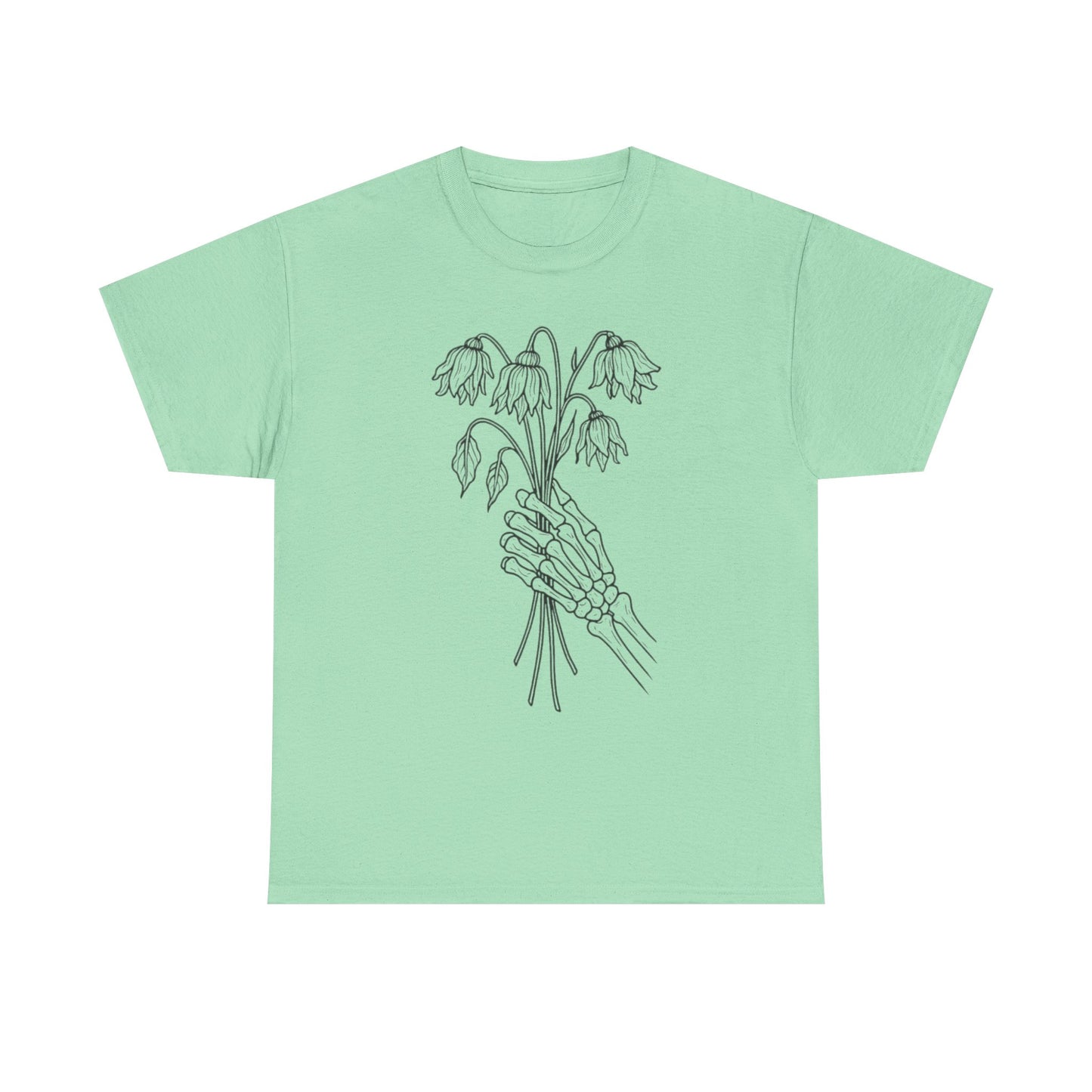 Unisex Heavy Cotton Tee | Skeleton Hand, Flower Bouquet - Casual Summer Top, Gift, Streetwear Fashion, Unique Graphic Shirt