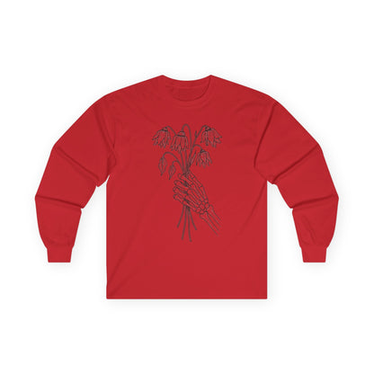 Unisex Ultra Cotton Long Sleeve Tee | Skeleton Hand, Flower Bouquet - Casual Summer Top, Gift, Streetwear Fashion, Unique Graphic Shirt