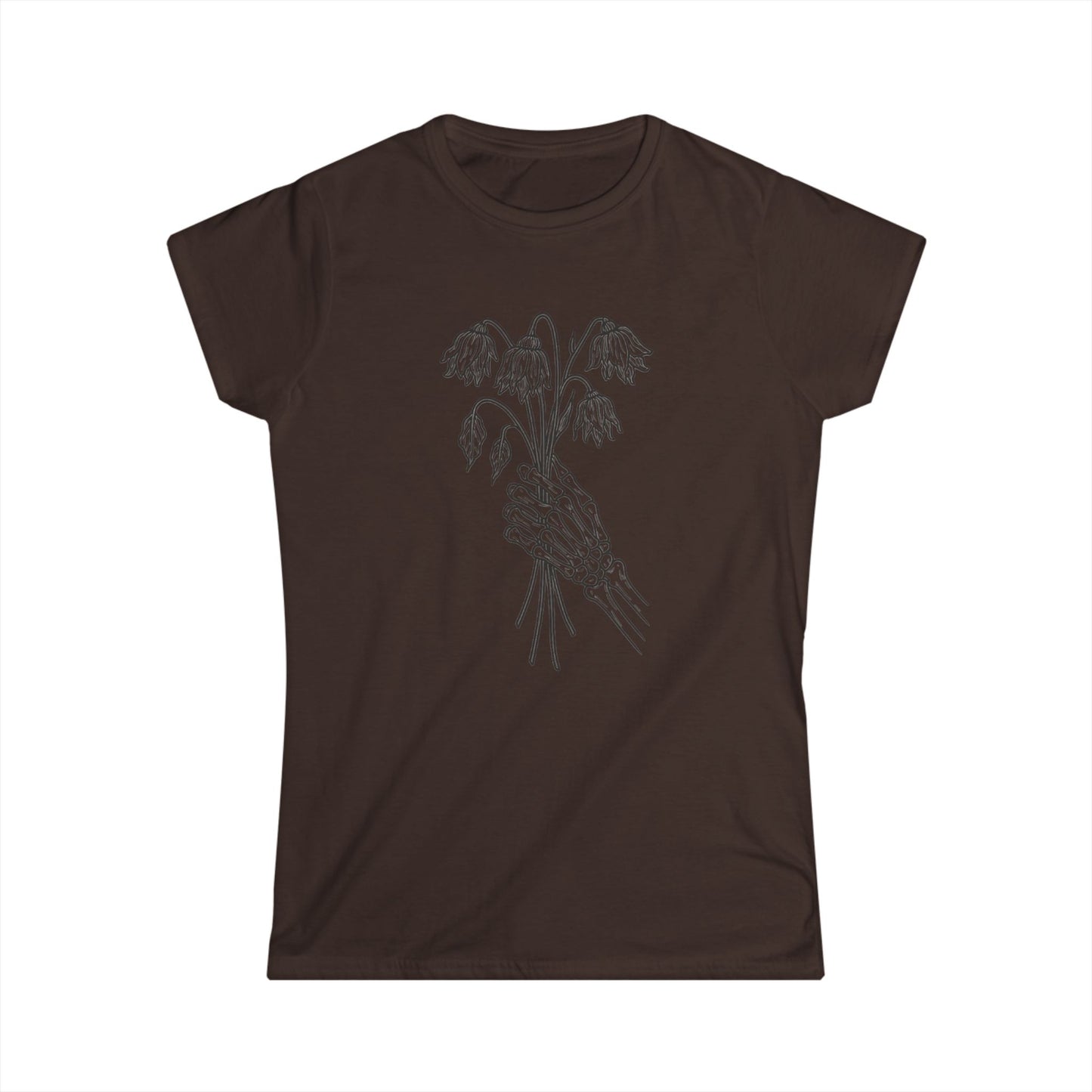Women's Softstyle Tee | Skeleton Hand, Flower Bouquet - Casual Summer Top, Gift for Her, Streetwear Fashion, Unique Graphic Shirt