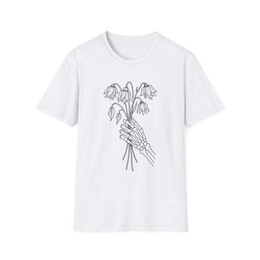 Unisex Graphic Tee | Skeleton Hand, Flower Bouquet - Trendy Clothing, Casual Wear, Gift Idea for Friends, Alternative Fashion