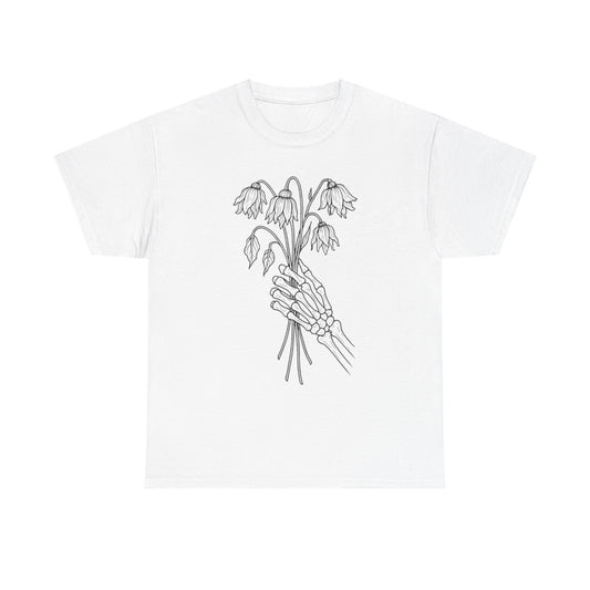 Unisex Heavy Cotton Tee | Skeleton Hand, Flower Bouquet - Casual Summer Top, Gift, Streetwear Fashion, Unique Graphic Shirt