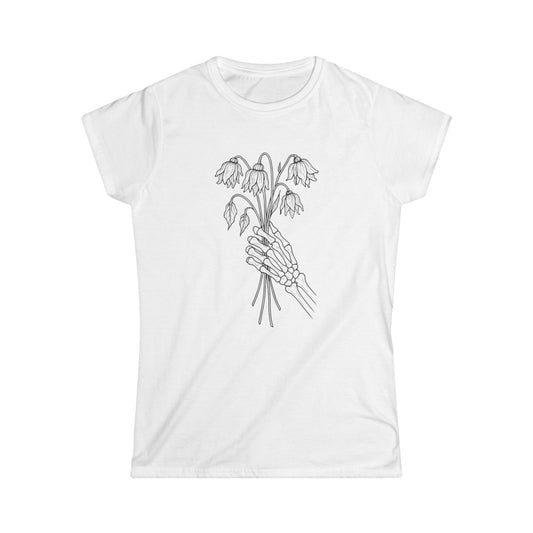 Women's Softstyle Tee | Skeleton Hand, Flower Bouquet - Casual Summer Top, Gift for Her, Streetwear Fashion, Unique Graphic Shirt
